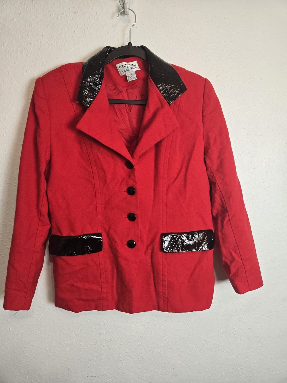 Focus 2000 Red Blazer with Black Patent Trim Vintage Wool